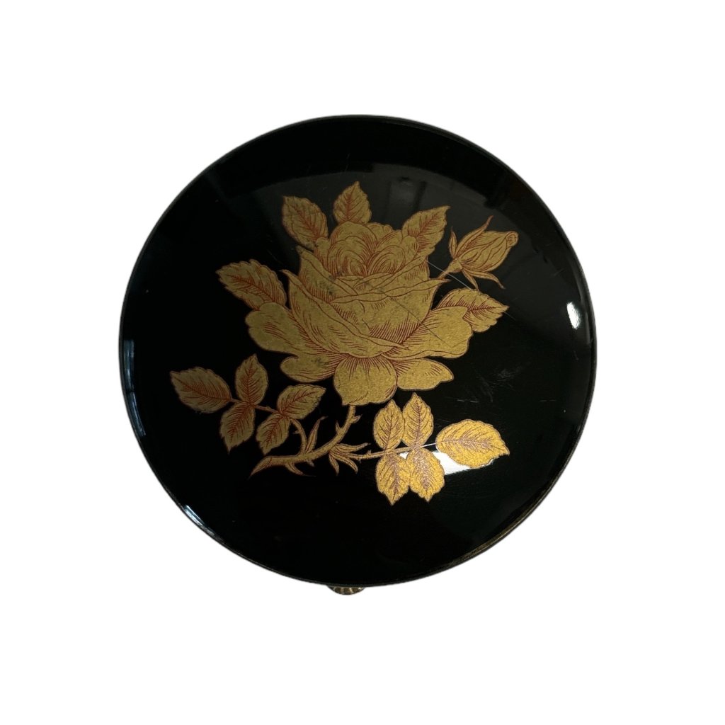Vintage The San Francisco Music Box Company  Black Round Trinket Box  Floral